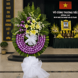 Kệ Hoa Chia Buồn Vĩnh Biệt – Lan Tím & Ly Trắng Cao Cấp
